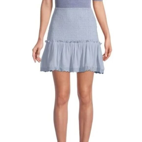 Stellah Smocked Ruffle Hem Mini Skirt Cornflower Blue Lightweight Lined Sz Large - Picture 1 of 11
